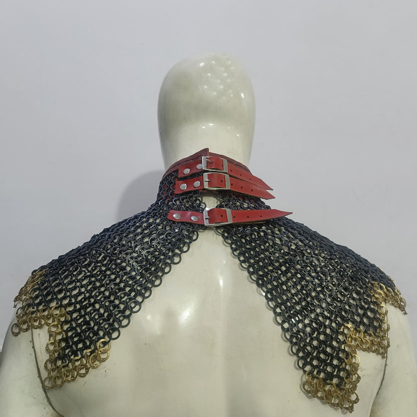 Medieval Mild Steel Chainmail Collar with Brass Ring Border Zig-Zag Neck Protection Armor for LARP Reenactment Cosplay