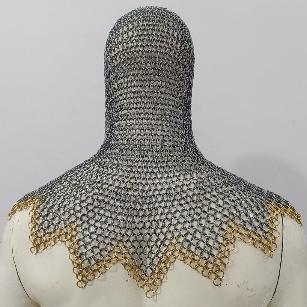 Mild Steel Chainmail Coif Hood Flat Riveted with Washer Ring Mail Armor with Zig-Zag Design and Brass Ring Border