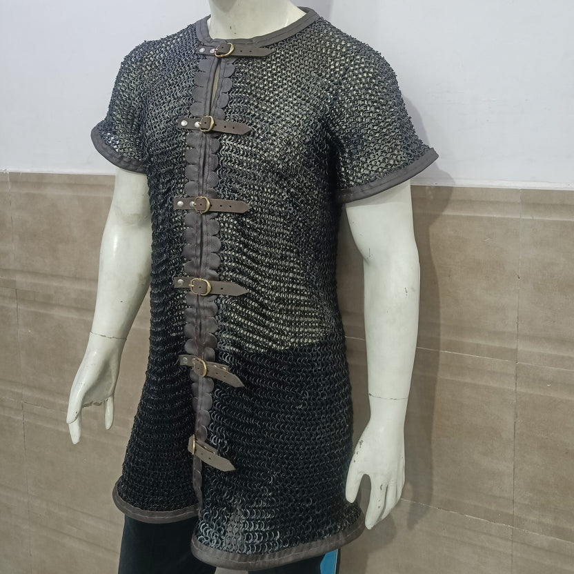 Mild Steel Chainmail Shirt with Leather Trim Blackened Finish Hauberk Armor for Adult Knight Wear