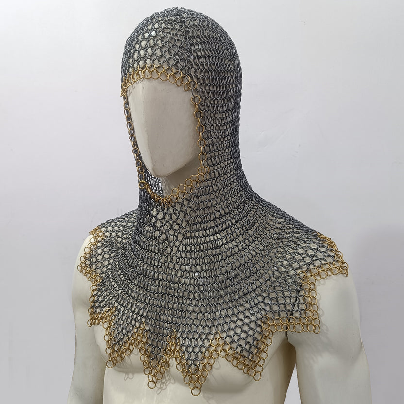 Mild Steel Chainmail Coif Hood Flat Riveted with Washer Ring Mail Armor with Zig-Zag Design and Brass Ring Border
