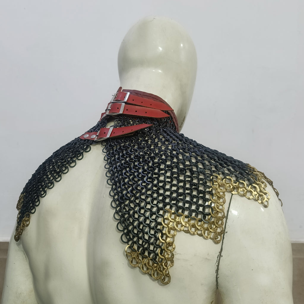 Medieval Mild Steel Chainmail Collar with Brass Ring Border Zig-Zag Neck Protection Armor for LARP Reenactment Cosplay