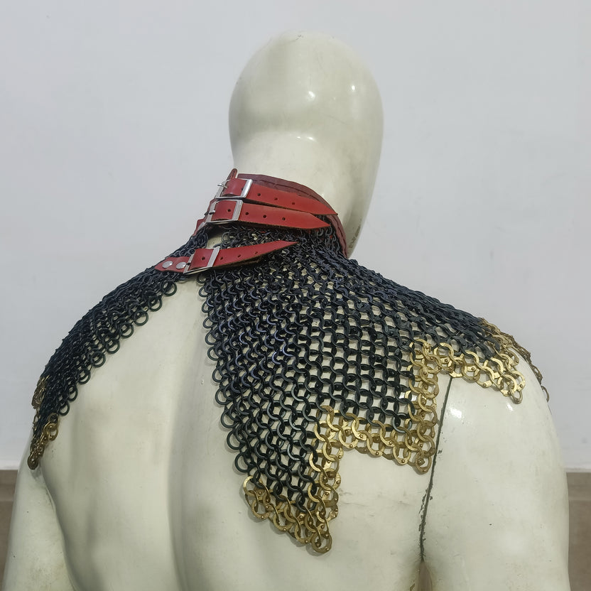 Medieval Mild Steel Chainmail Collar with Brass Ring Border Zig-Zag Neck Protection Armor for LARP Reenactment Cosplay