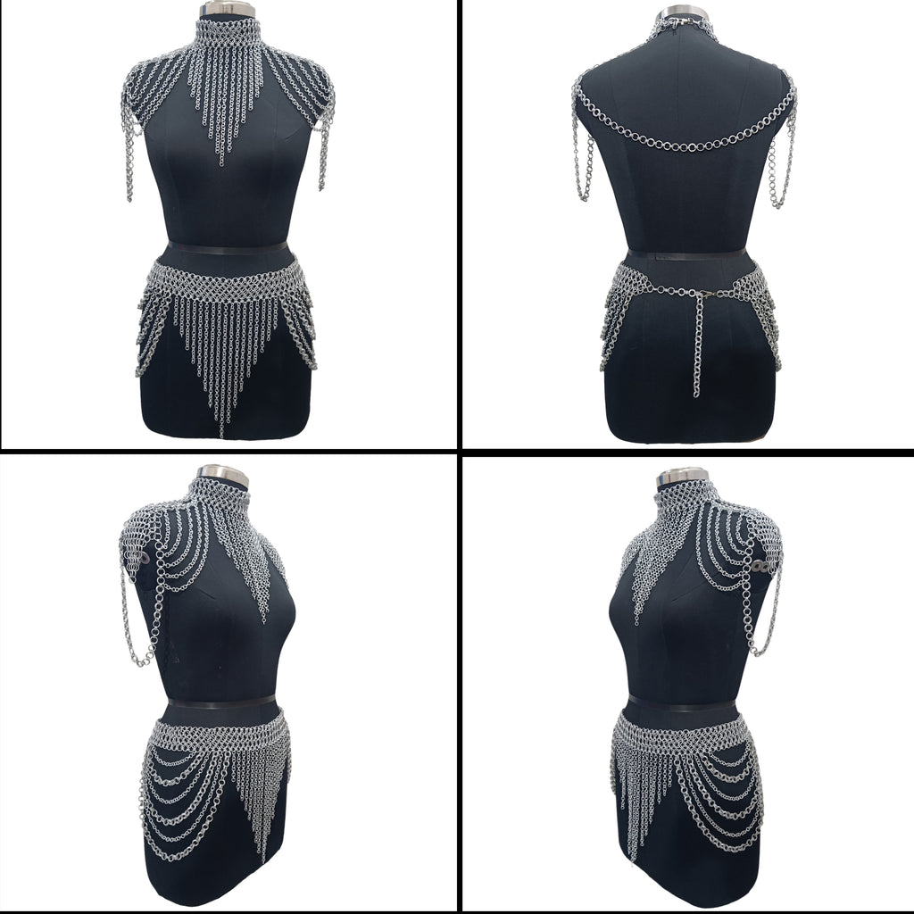 Medieval Chainmail Collar and Skirt Set Aluminum Women's Body Jewelry Fantasy Festival Costume