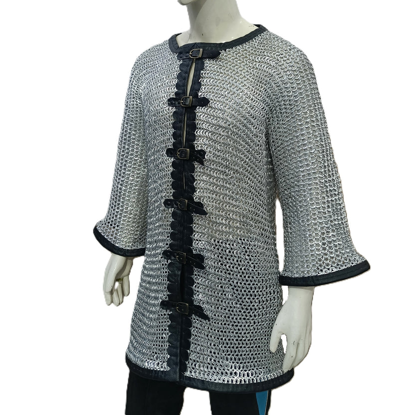 Medieval Chainmail Shirt Aluminum Flat Riveted Ring Hauberk with Leather Trim