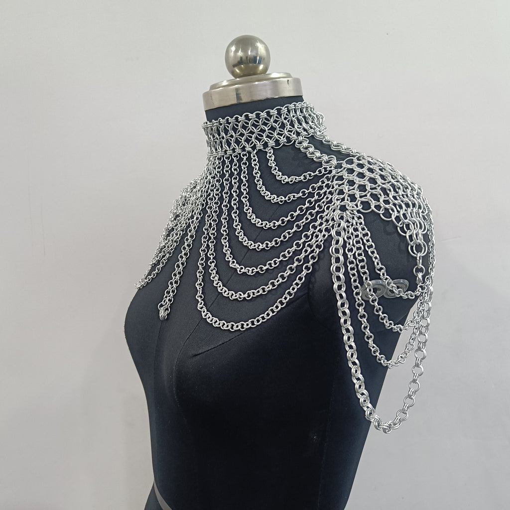 Aluminum Chainmail Collar Necklace Butted Ring Gothic Jewelry Choker for Cosplay LARP and Halloween Costume