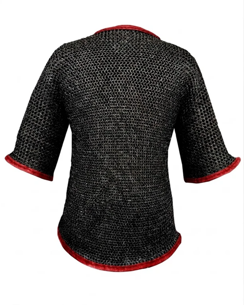 Chainmail Hauberk with Leather Trim Mild Steel Blackened Finish Shirt for Adult Knight Wear