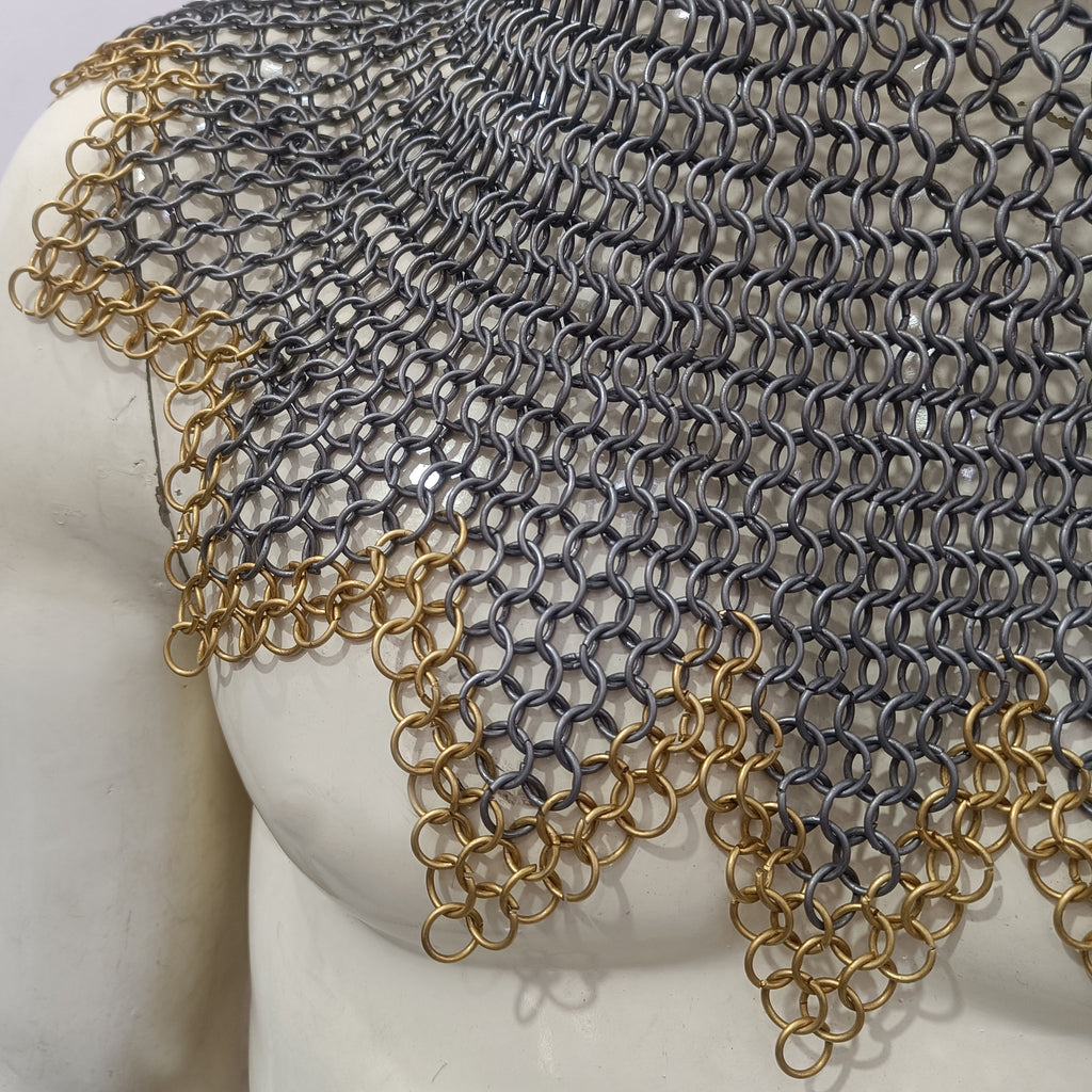 Mild Steel Chainmail Coif Hood Flat Riveted with Washer Ring Mail Armor with Zig-Zag Design and Brass Ring Border