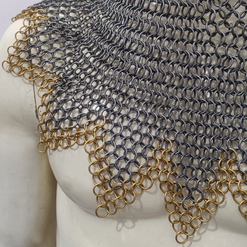 Mild Steel Chainmail Coif Hood Flat Riveted with Washer Ring Mail Armor with Zig-Zag Design and Brass Ring Border