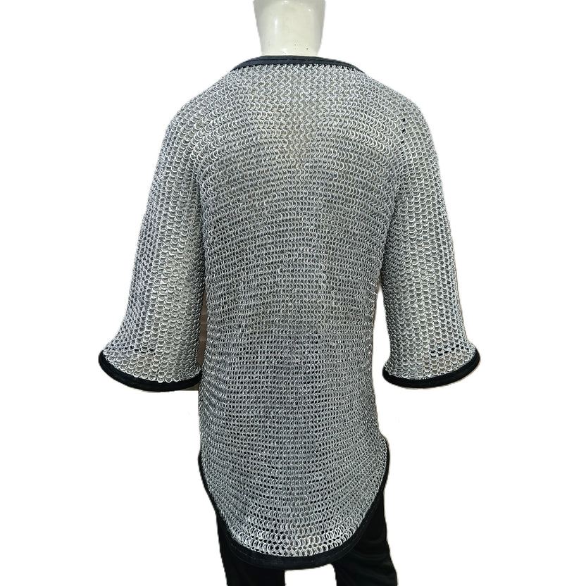 Medieval Chainmail Shirt Aluminum Flat Riveted Ring Hauberk with Leather Trim