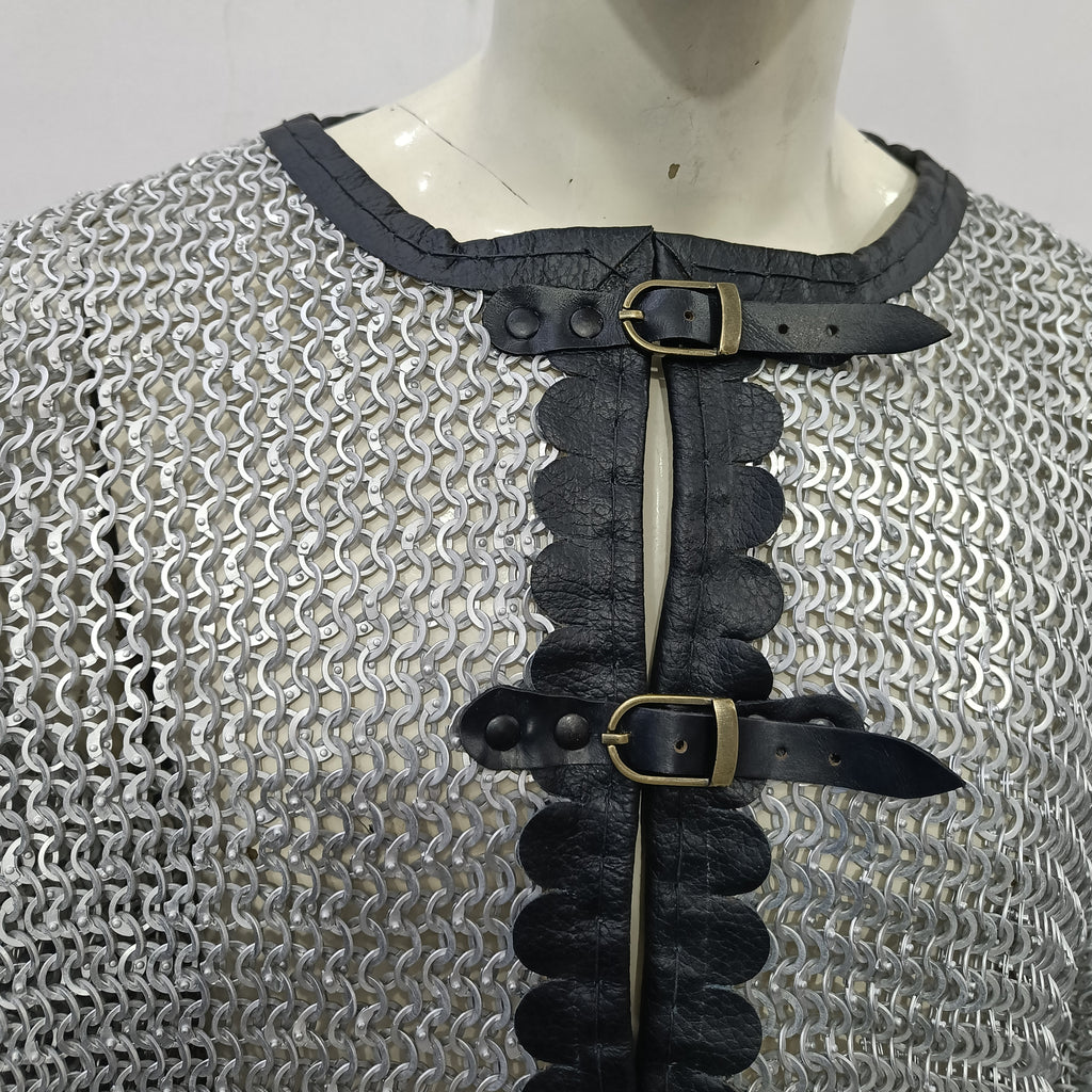 Medieval Chainmail Shirt Aluminum Flat Riveted Ring Hauberk with Leather Trim