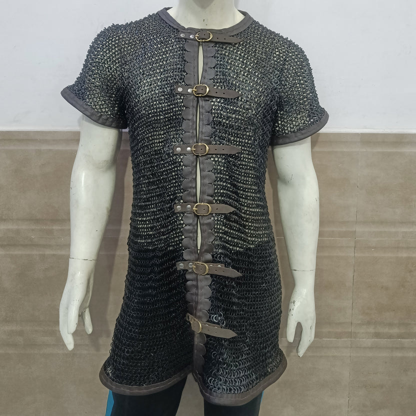 Mild Steel Chainmail Shirt with Leather Trim Blackened Finish Hauberk Armor for Adult Knight Wear