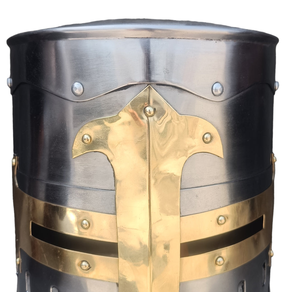 Medieval Templar Helmet with Brass Cross Design Crusader Knight Mild Steel Armor Helmet