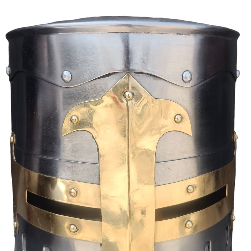 Medieval Templar Helmet with Brass Cross Design Crusader Knight Mild Steel Armor Helmet