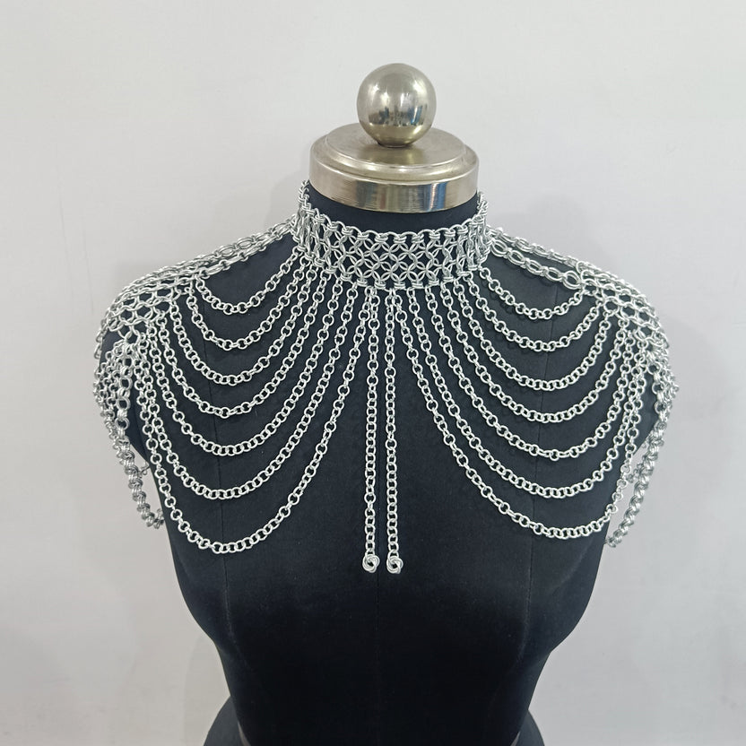 Aluminum Chainmail Collar Necklace Butted Ring Gothic Jewelry Choker for Cosplay LARP and Halloween Costume