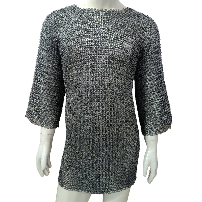 Medieval Mild Steel Chainmail Shirt Flat Riveted with Washer Ring Half Sleeve Hauberk Armor Oiled Finish for LARP Reenactment and Cosplay