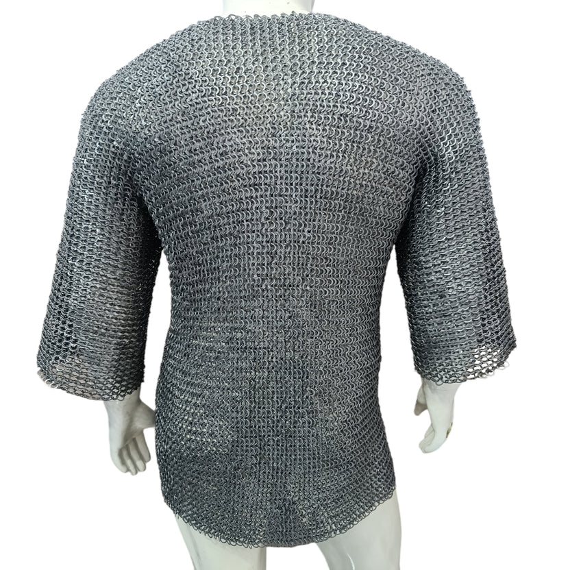 Medieval Mild Steel Chainmail Shirt Flat Riveted with Washer Ring Half Sleeve Hauberk Armor Oiled Finish for LARP Reenactment and Cosplay